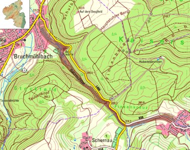 Karte des Belzmühltal. Das Belzmühltal erstreckt sich von Bruchmühlbach-Miesau entlang des Mühlbachs bis Langwieden.