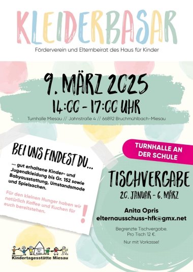 In bunten Buchstaben steht auf dem Poster Kleiderbasar. Darunter steht Förderverein und Elternbeirat des Haus für Kinder. 9. März 2025 14:00-17:00 Uhr Turnhalle Miesau // Jahnstraße 4 // 66892 Bruchmühlbach-Miesau. Bei uns findest du gut erhaltene Kinder- und Jugendkleidung bis Gr. 152 sowie Babyausstattung, Umstandsmode und Spielsachen. Für den kleinen Hunger haben wir natürlich Kaffee und Kuchen für euch bereitstehen. Tischvergabe 20. Januar bis 6.März Anita Opris elternausschuss-hfk@gmx.net.  Begrenzte Tischvergabe Pro Tisch 12 Euro. Nur mit Vorkasse.