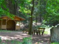 Im Hintergrund ist eine kleine Holzhütte zu erkennen, vor der sich eine Sitzgruppe mit zwei Bänken und einem Holztisch befindet. Rechts unten im Bild ist ein großer Stein sichtbar.